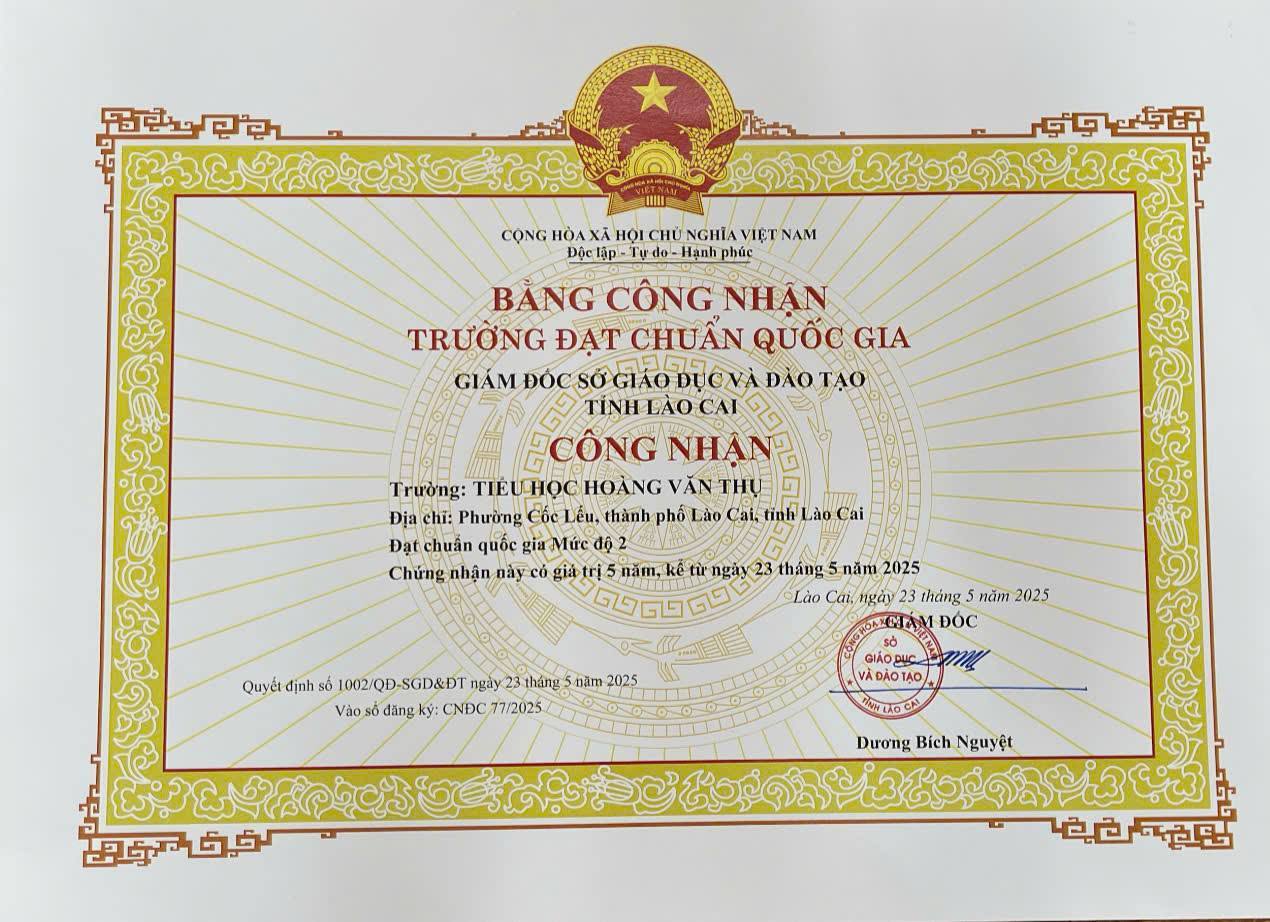 TRƯỜNG TH HOÀNG VĂN THỤ VINH DỰ NHẬN BẰNG CÔNG NHẬN ĐẠT CHUẨN QUỐC GIA MỨC ĐỘ 2
