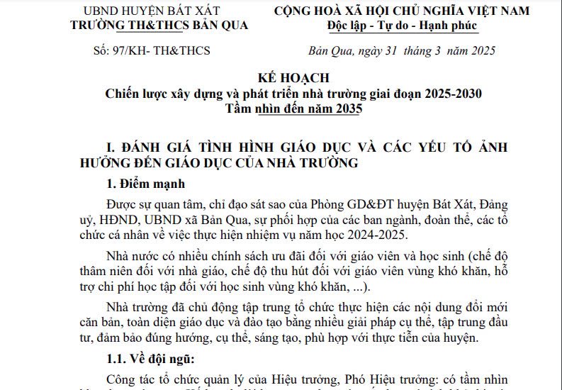 Kế hoạch Chiến lược xây dựng và phát triển nhà trường giai đoạn 2025-2030 Tầm nhìn đến năm 2035
